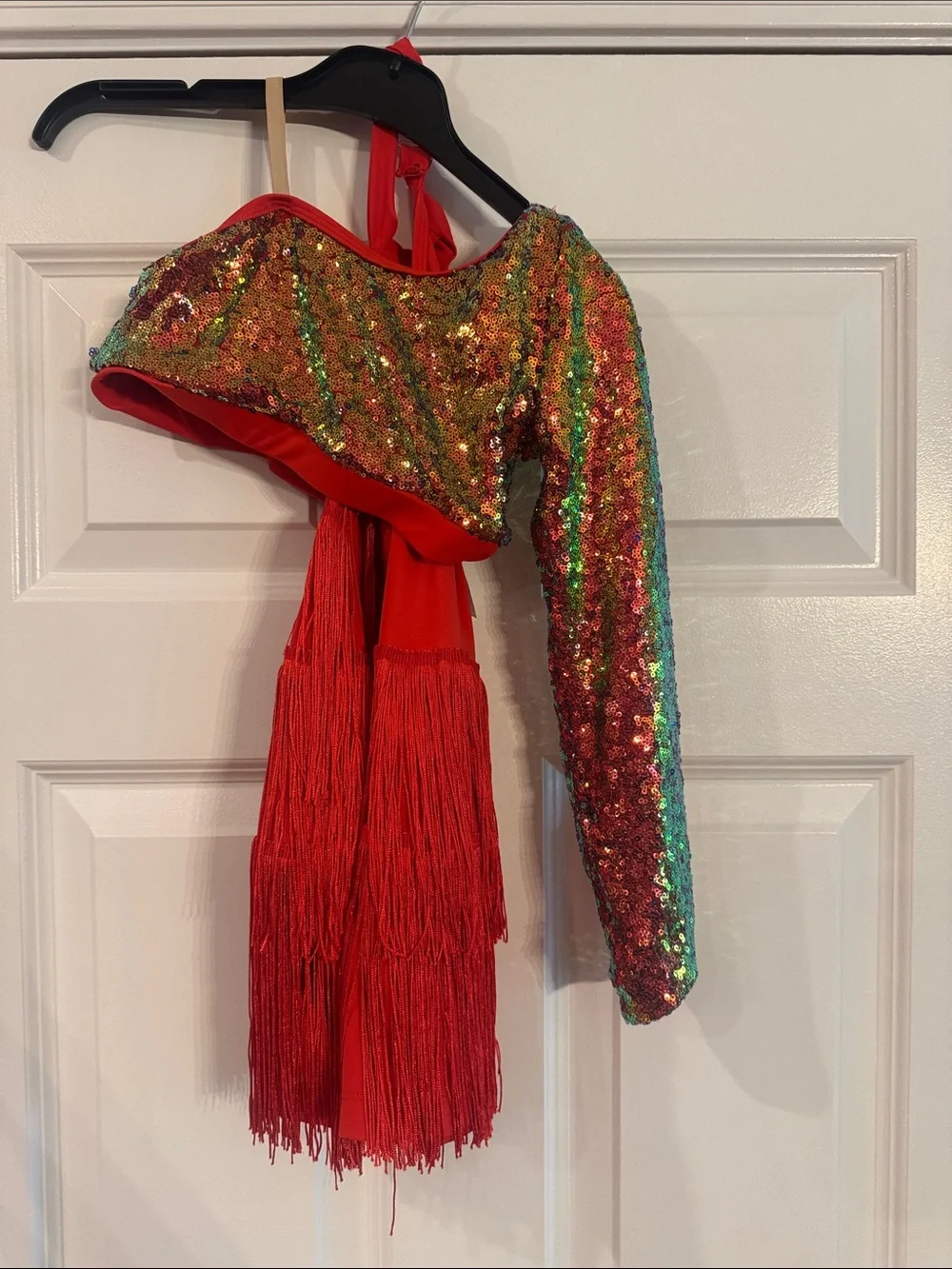 Kids Red Sequin Fringe Dance Costume with Matching Hair Clip